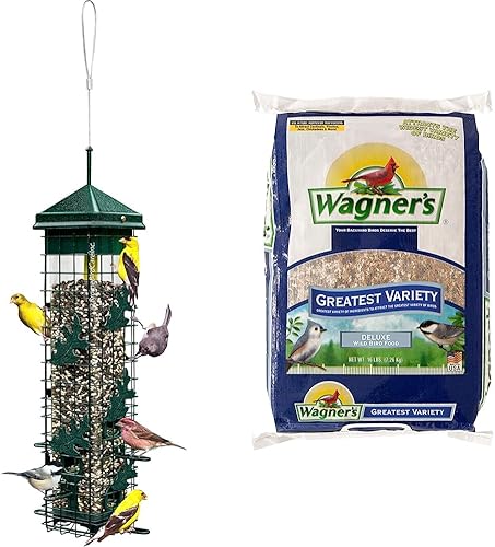 Squirrel Solution200 Alimentador para pájaros a prueba de ardillas con 6 puertos de alimentación, capacidad de semillas de 3.4 libras, embudo de