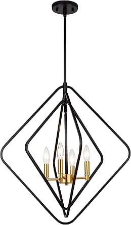 VAXCEL Brady 4 Light Black and Satin Brass Contemporary Geometric Cage Pendant Light