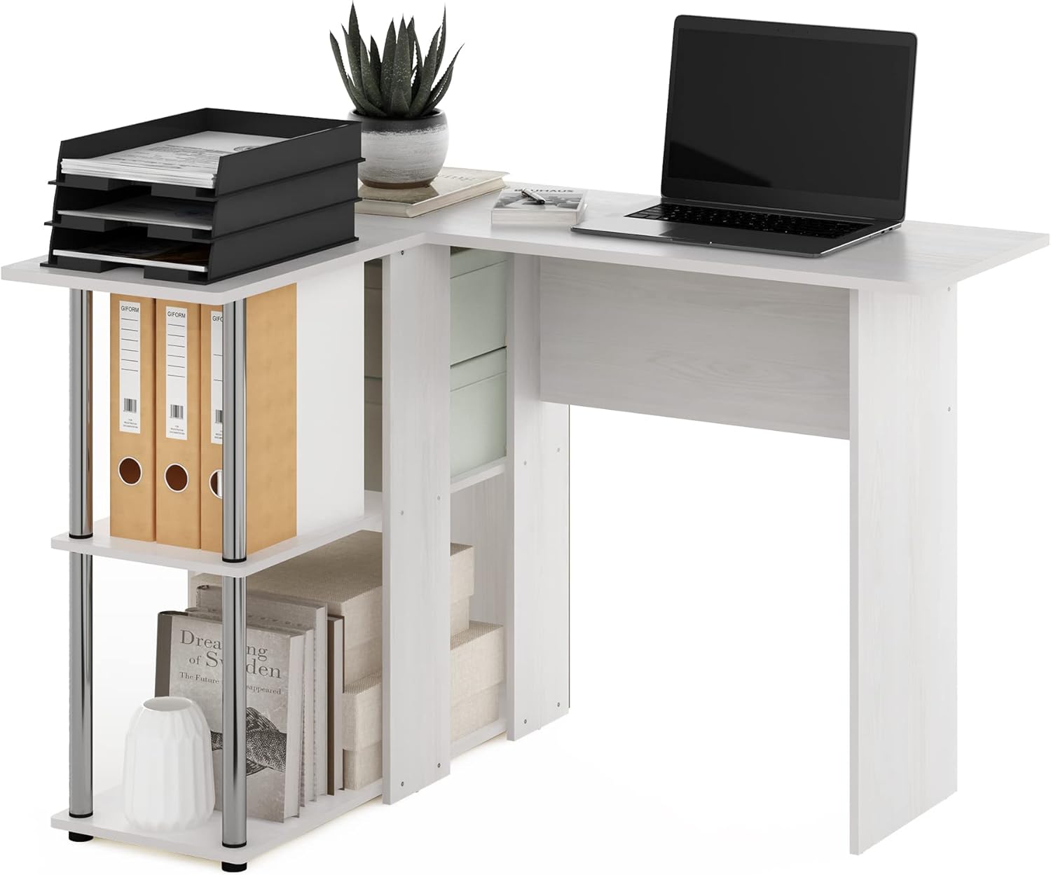 Furinno Abbott L-Shape Desk with Bookshelf, White Oak/Chrome