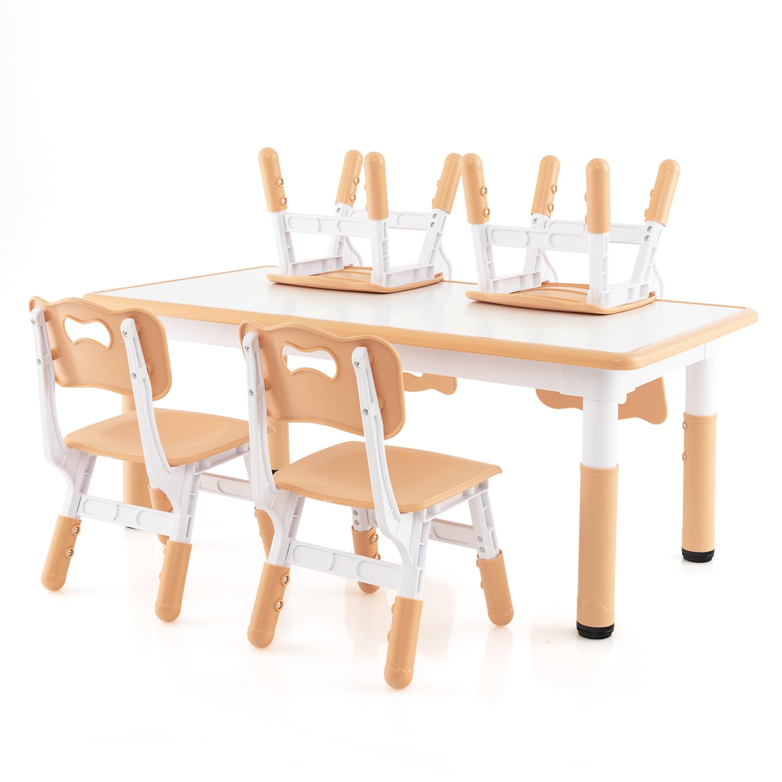 LIFEZEAL Mesa con 4 sillas para niños, Juego de Mesa y sillas Infantiles, Escritorio pintable, Altura Ajustable, Mesa para 18 Meses+, Conjunto de Asiento para guardería y jardín de Infancia (Natural)