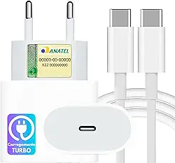 Carregador Turbo Compativel c/Novo iPhone 16, 16 pro, 16 pro max, 15, 15 pro, 15 pro max, Compativel c/Galaxy, IOS/Android, Fonte Carregador Entrada Tipo-C + Cabo USB-C Carregamento Ultra Rápido