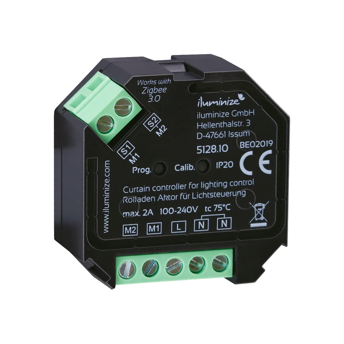 Rolladen/Jalousie und Leinwand-Aktor Mini, 2 Kanäle auf/ab, max. 2A, steuerbar mit Zigbee Lichtbefehlen (dimmen), Montage in einer tiefen Schalterdose | Zigbee kompatibel