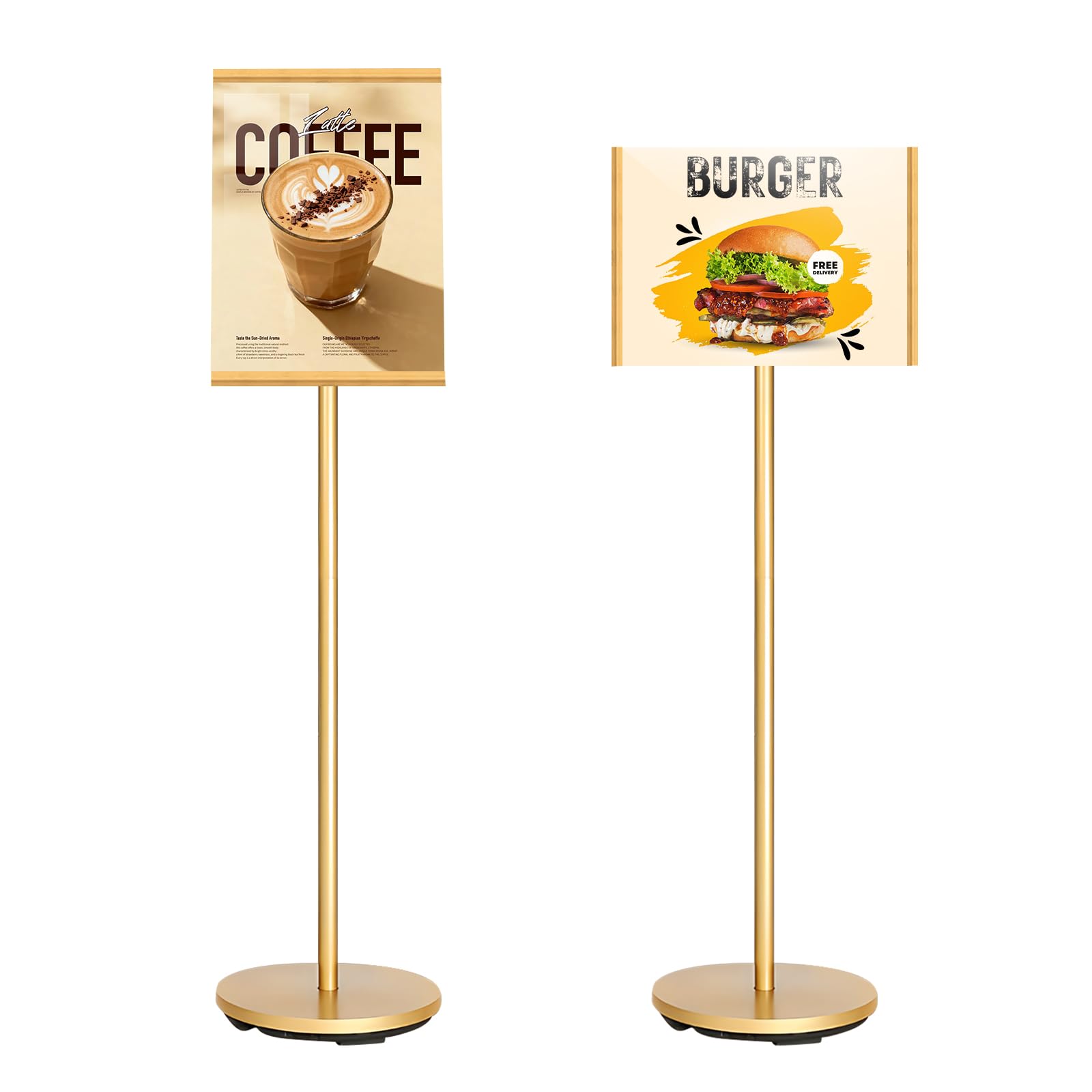 KEBMCHN Floor Sign Holder, Sign Stand with Heavy Round Base – 360° Adjustable with Vertical & Horizontal Display - A4 Poster Stand, Easy Replacement for Events and Retail Displays (Gold)