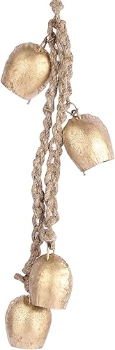 Miniatura 10 de Juego de 4 campanas de vaca – Campanas de viento colgantes de metal rústico hechas a mano con cuerda de yute – Campanas de hierro relajantes para el