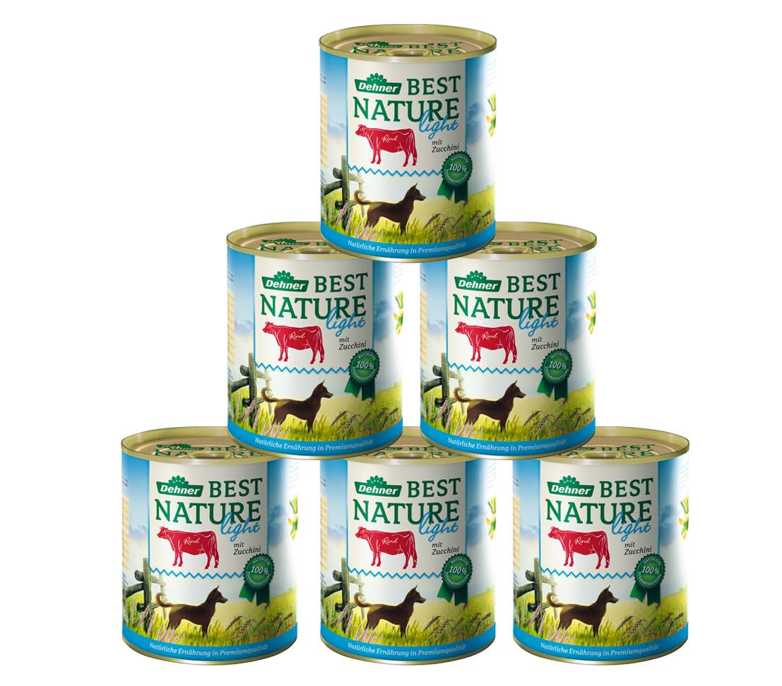 Dehner Best Nature - Comida húmeda Ligera para Perros con sobrepeso, para Perros con sobrepeso, Carne de Res y calabacín, 6 latas de 400 g (2,4 kg)