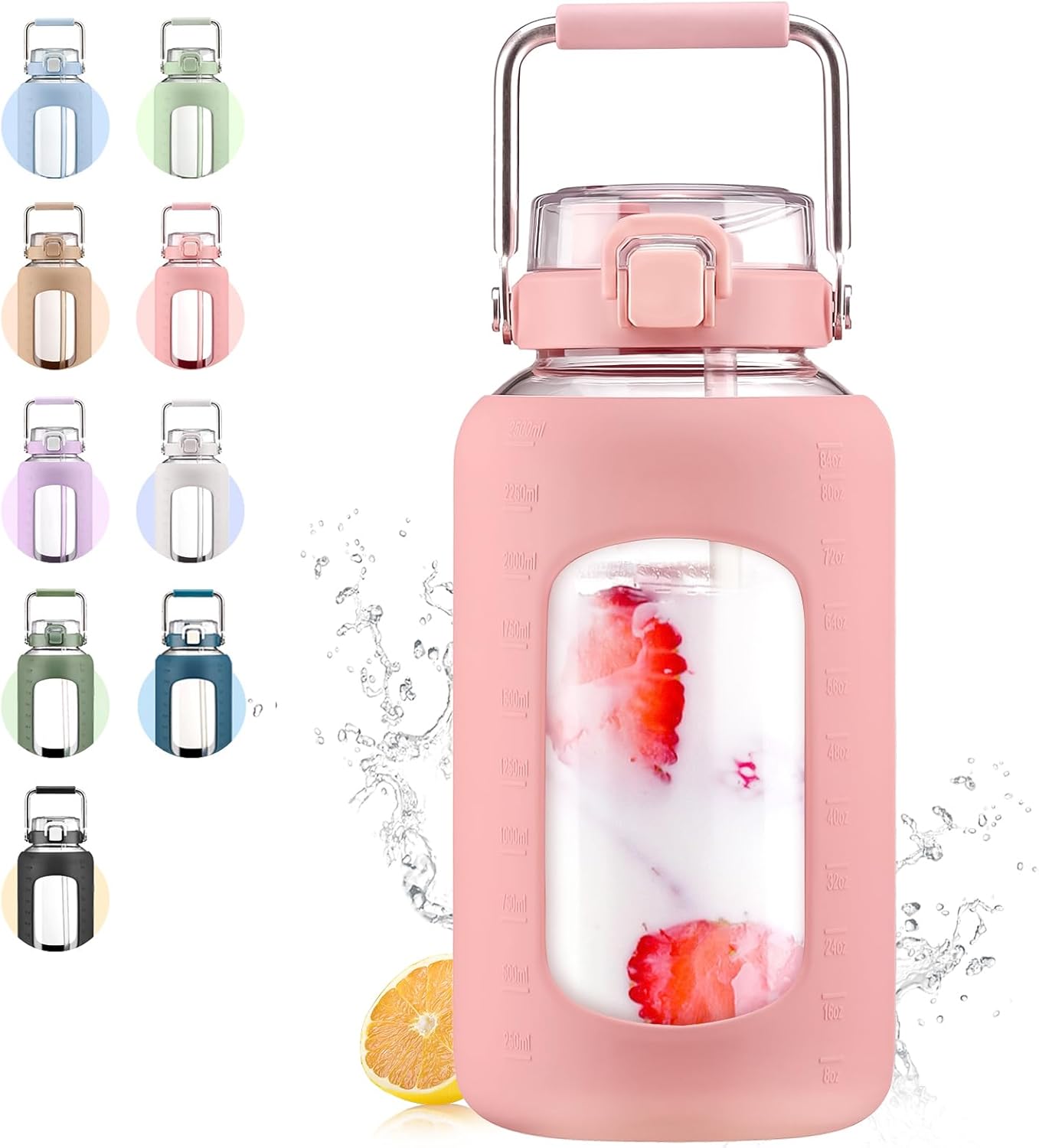 84oz Glass Water Bottle with Stainless Steel Handle,2.5L Gallon Water Bottle with 2-IN-1 Straw Lid, Silicone Sleeve and Motivational Capacity Marker, Wide Mouth Water Jug For Gym, Workout, Pink