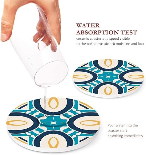 Miniatura 3 de Juego de 6 posavasos para bebidas, con patrón de cerámica ornamentada marroquí española, tapete de piedra de cerámica absorbente, con base de corcho