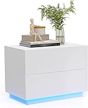 Mondeer Bedside Table LED Bedside Cabinet with 2 Drawers and 1 USB Ports High Gloss for Bedroom Living Room 60 x 39 x 45 cm White