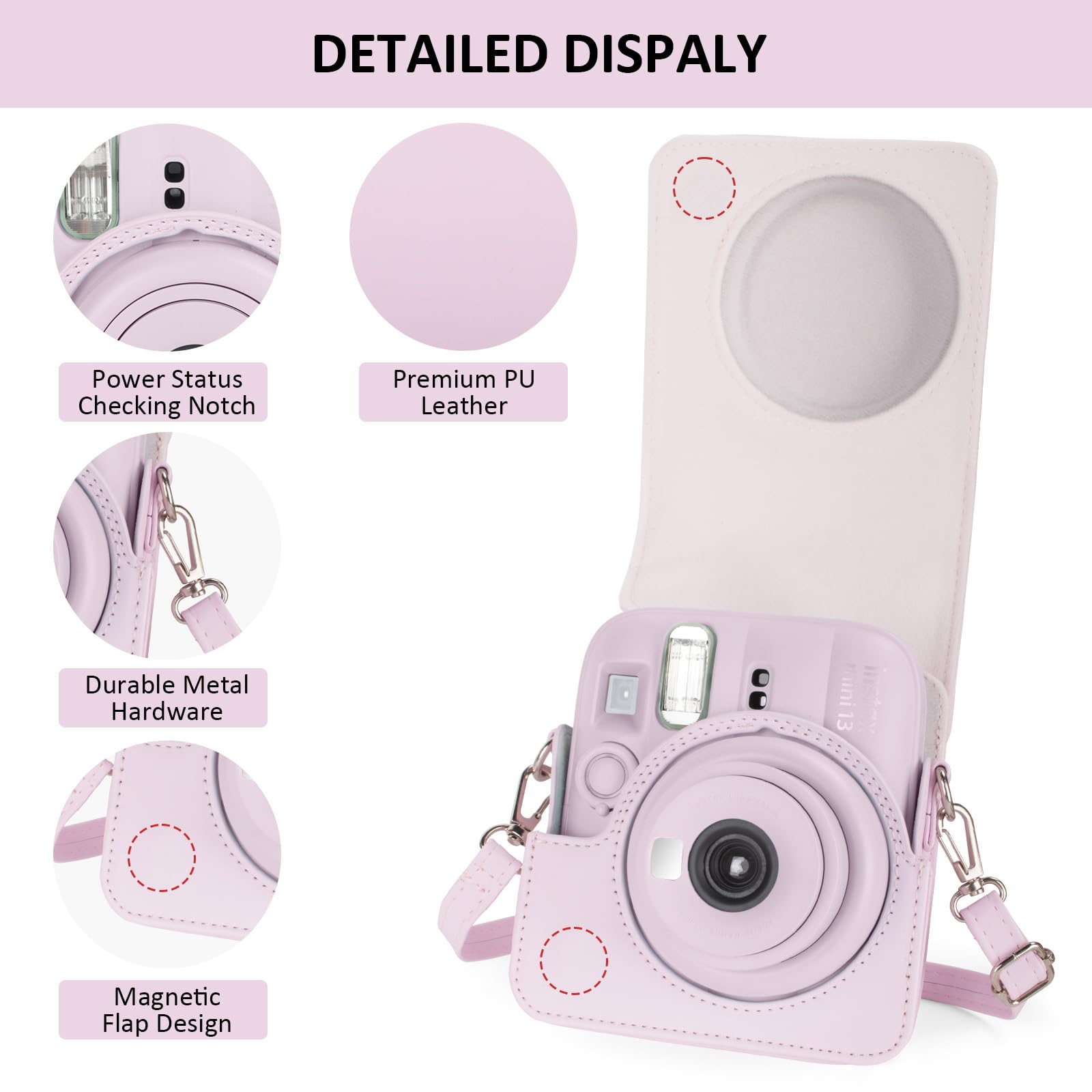 Custodia e album per fotocamera Instax Mini 13, elegante cover protettiva in pelle PU per fotocamera Fuji Instax Mini 13, borsa per il trasporto con album fotografico e tracolla - Rosa