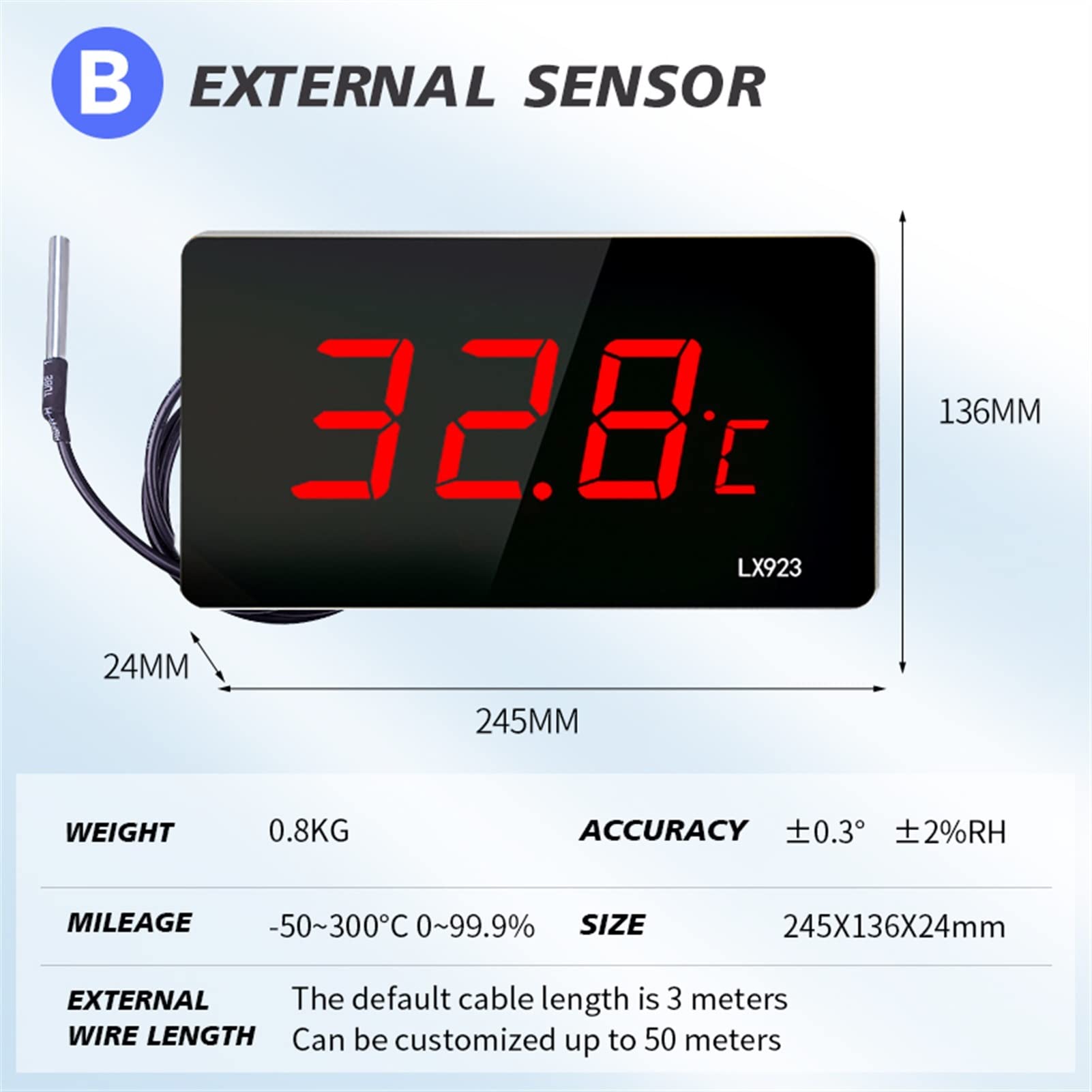 Termometro con Piscina con PORTATO Display e termometro sonda Impermeabile for Il misuratore di Temperatura Esterna del Serbatoio del Pesce dell'Acqua per Giardini (Color : LX923B)