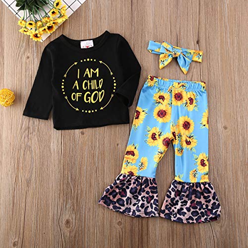 Newborn Infant Baby Girls Clothes Ruffle Long Sleeve Solid T-Shirt Tops+Cheetah Pants Autumn Clothes Outfits (Black 16, 1-2 T)