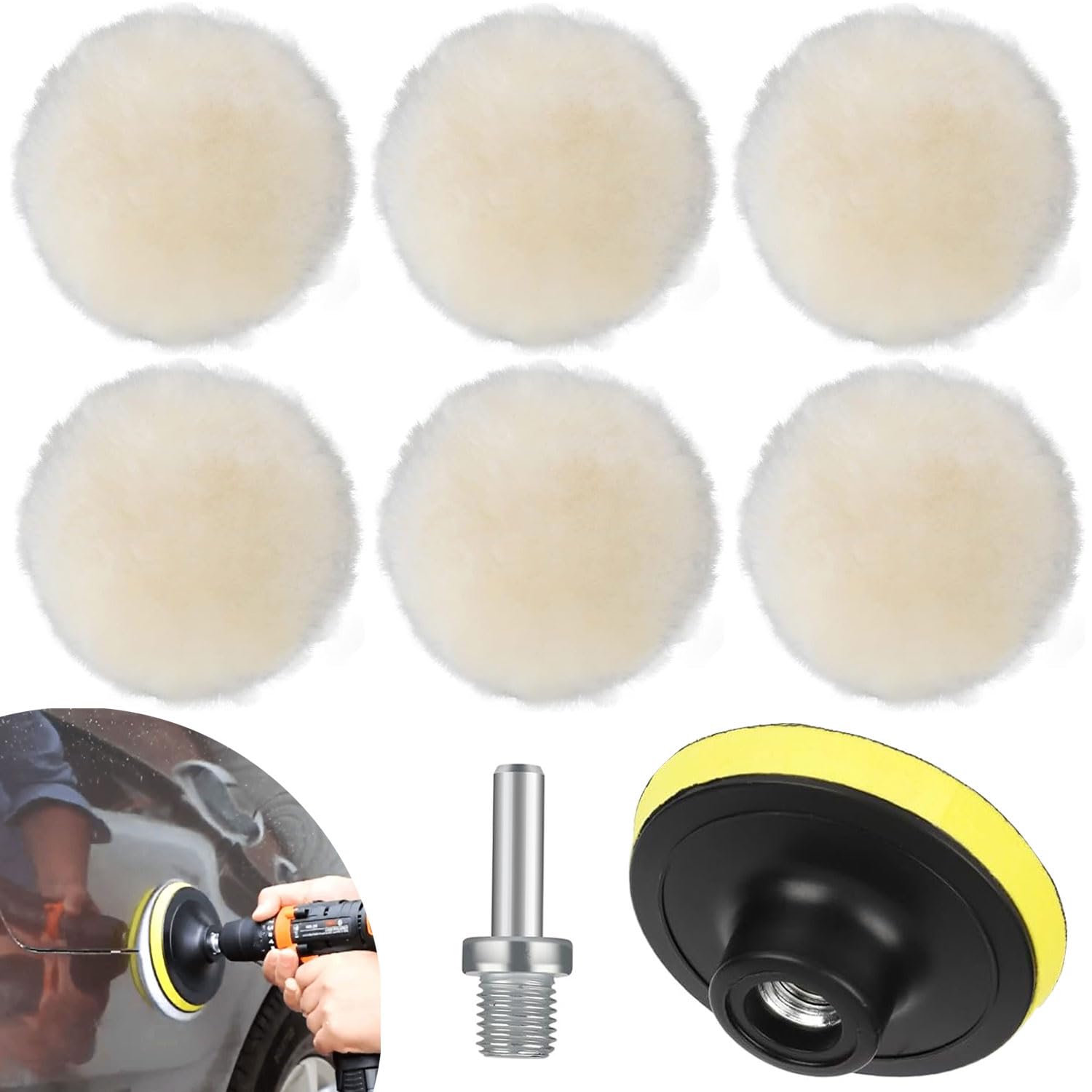 8 PCS 3 Inch Wool Polishing Buffing Pad, Polishing Buffing Wheel with Hook Loop Back for Drill Buffer Attachment, with M10 Drill Adapter Car Buffer