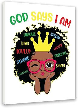 Redland Art Black Girl Motivational Wall Art Decor Framed Canvas Inspirational Christian Artwork God Says I Am11.5x15 Inch African American Room Decor, Kids Bedroom Gift
