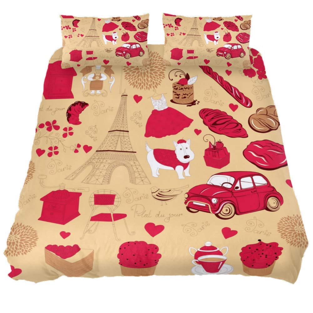 EslifeyRed Paris Elemens Duvet Cover 3 Pieces King Size Comforter 102 by 90 inches Bed Set with Two Pillowcases