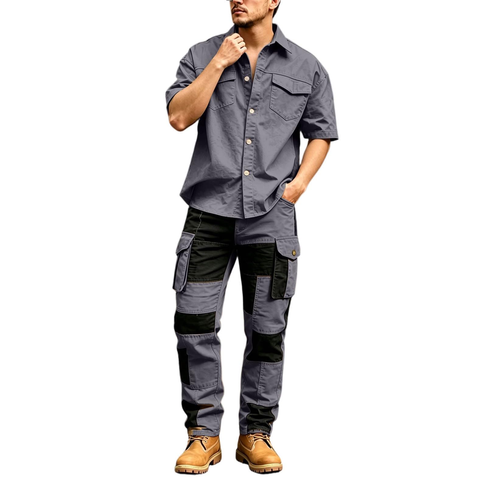 Conjunto de Dos Piezas para Hombre, Pantalones Cargo Patchwork y Camisa con Bolsillo, Estilo Casual de Negocios, Traje Moderno y Funcional