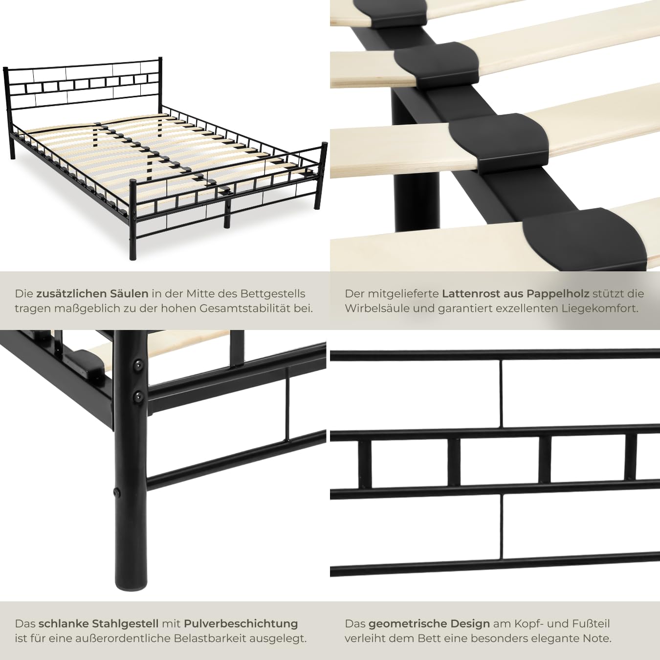 tectake® Metallbett, Bettgestell mit Lattenrost, Einzelbett, Doppelbett aus Metall, Bettrahmen mit Kopfteil Bett für Schlafzimmer, Gästezimmer, Gästebett, Jugendzimmer - 200 x 180 cm, schwarz