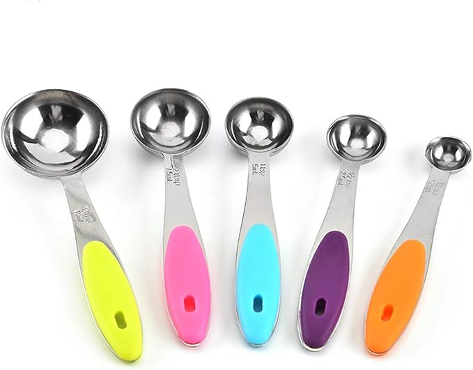 Amazon｜計量スプーン シリコーンハンドルのステンレス鋼測定スプーンベーキングスケール測定調味スプーン多機能測定スプーンセット5ピース