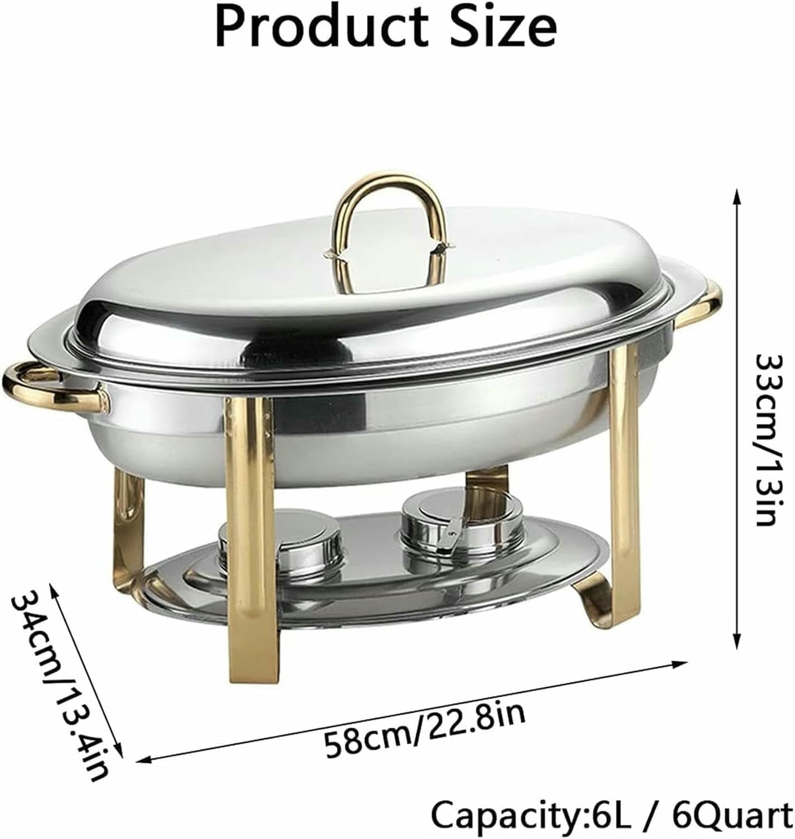 Chafing Dish Ovale da 6 Litri, Set di Scaldavivande in Acciaio Inox 201, Vassoio di Dimensioni Standard, con Teglia per Alimenti, Teglia per L'Acqua, Telaio, Coperchio E,Silver
