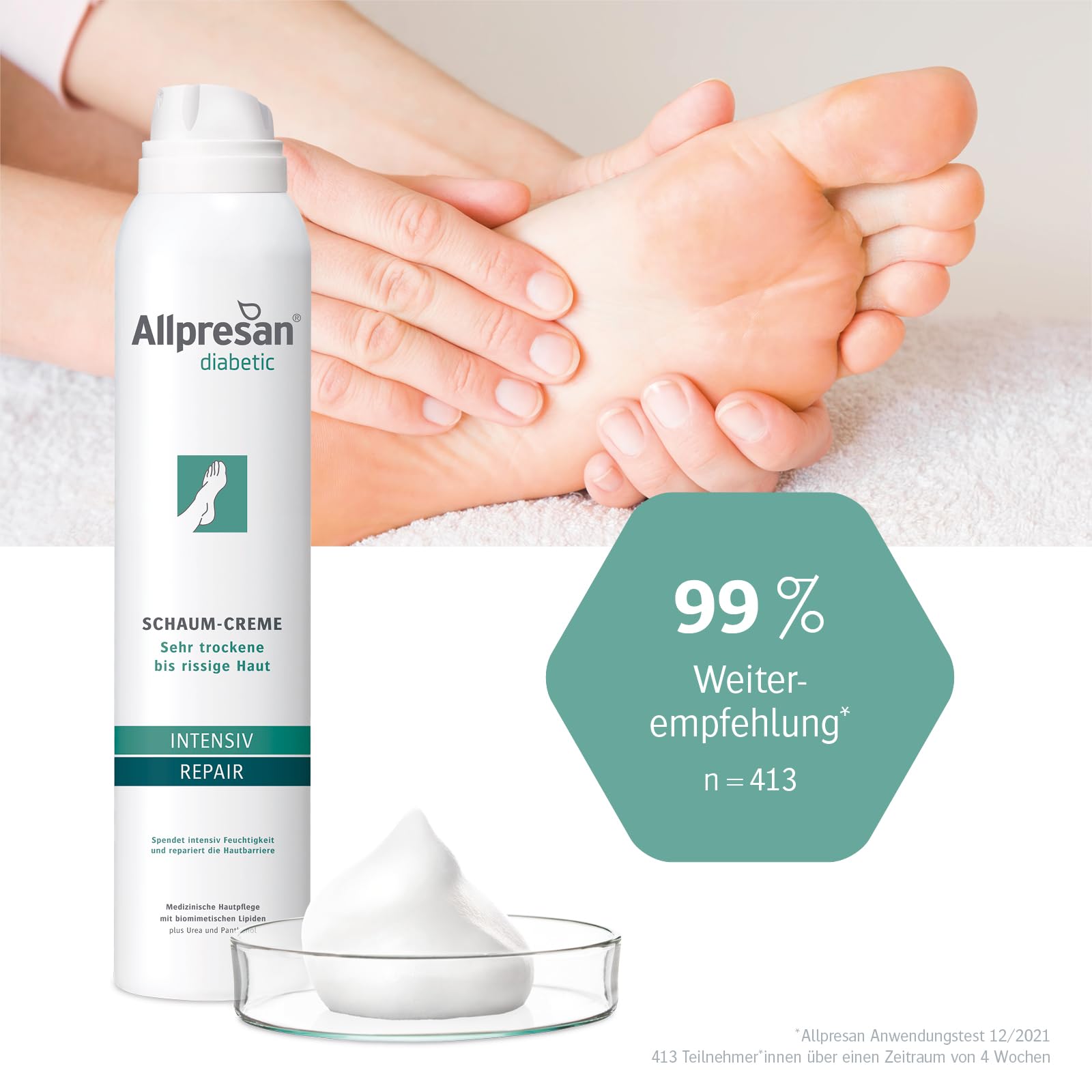 Allpresan diabetic REPAIR Schaum-Creme Fußpflege mit Urea - bei Diabetes mellitus - für sehr trockene bis rissige Füße - 200 ml (3er Pack)
