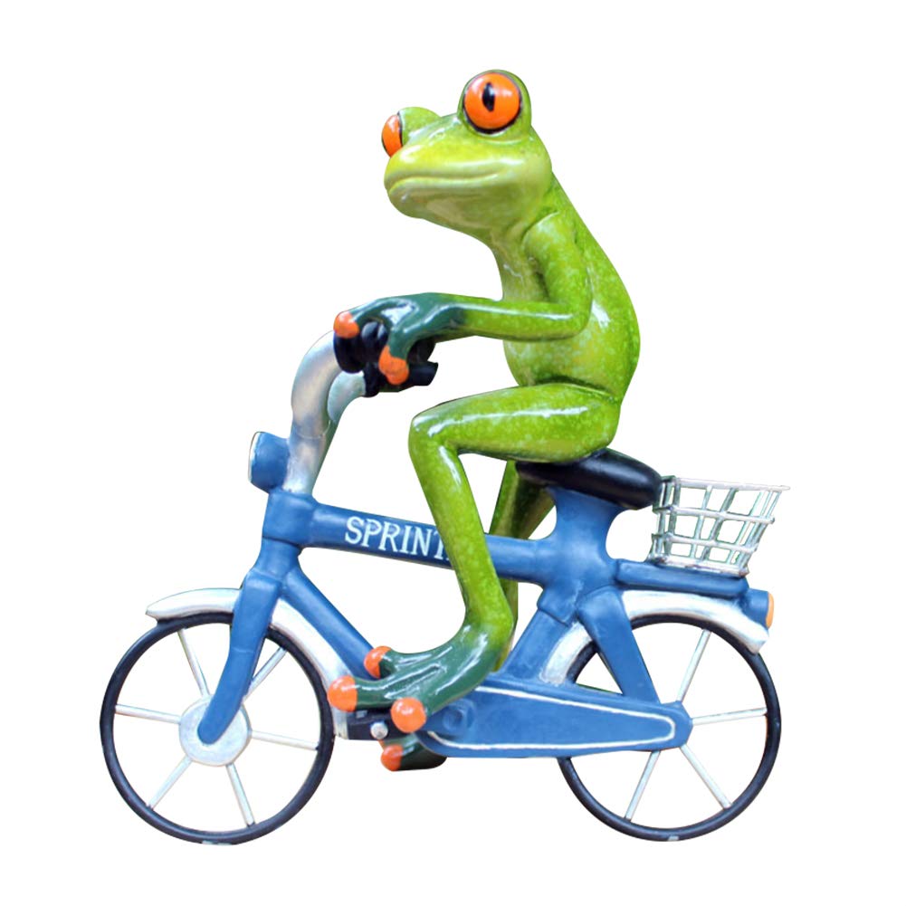 Dorlotou Frog Cute Funny Smart Green Frog Figurines Frog Sculpture Statue for Home Desk Bathroom Decoration,Blue Bike YX69007-2