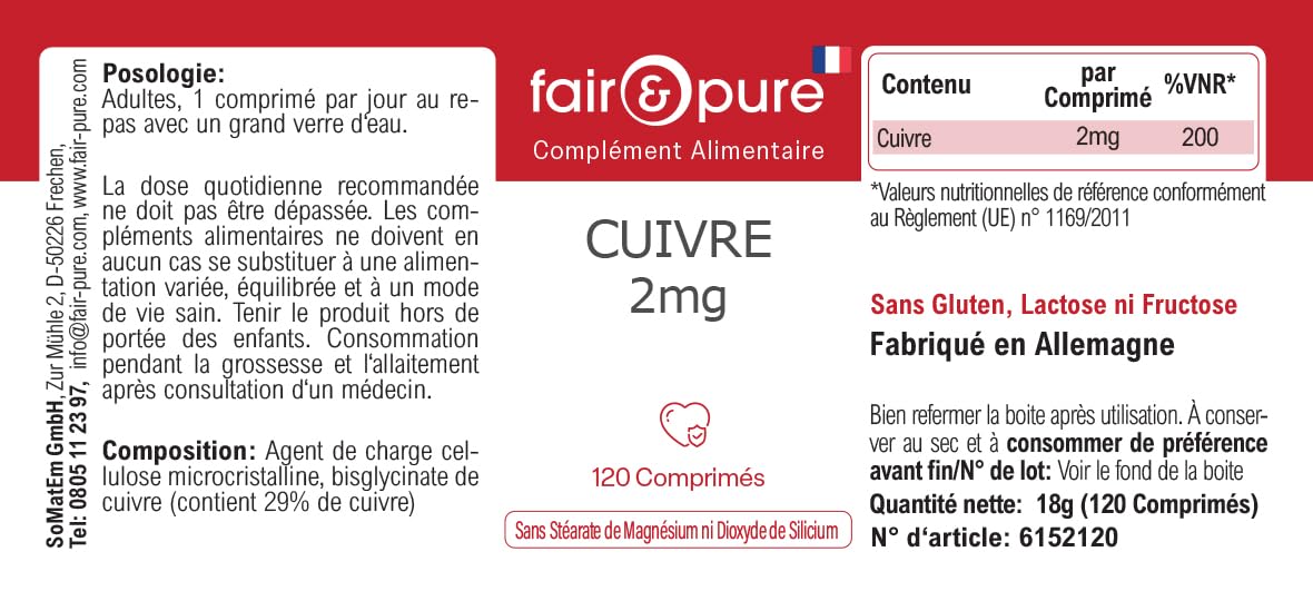 Fair & Pure® - Rame bisglicinato 2mg - Integratore di rame - Buona disponibilità biologica - Vegan - 120 Compresse