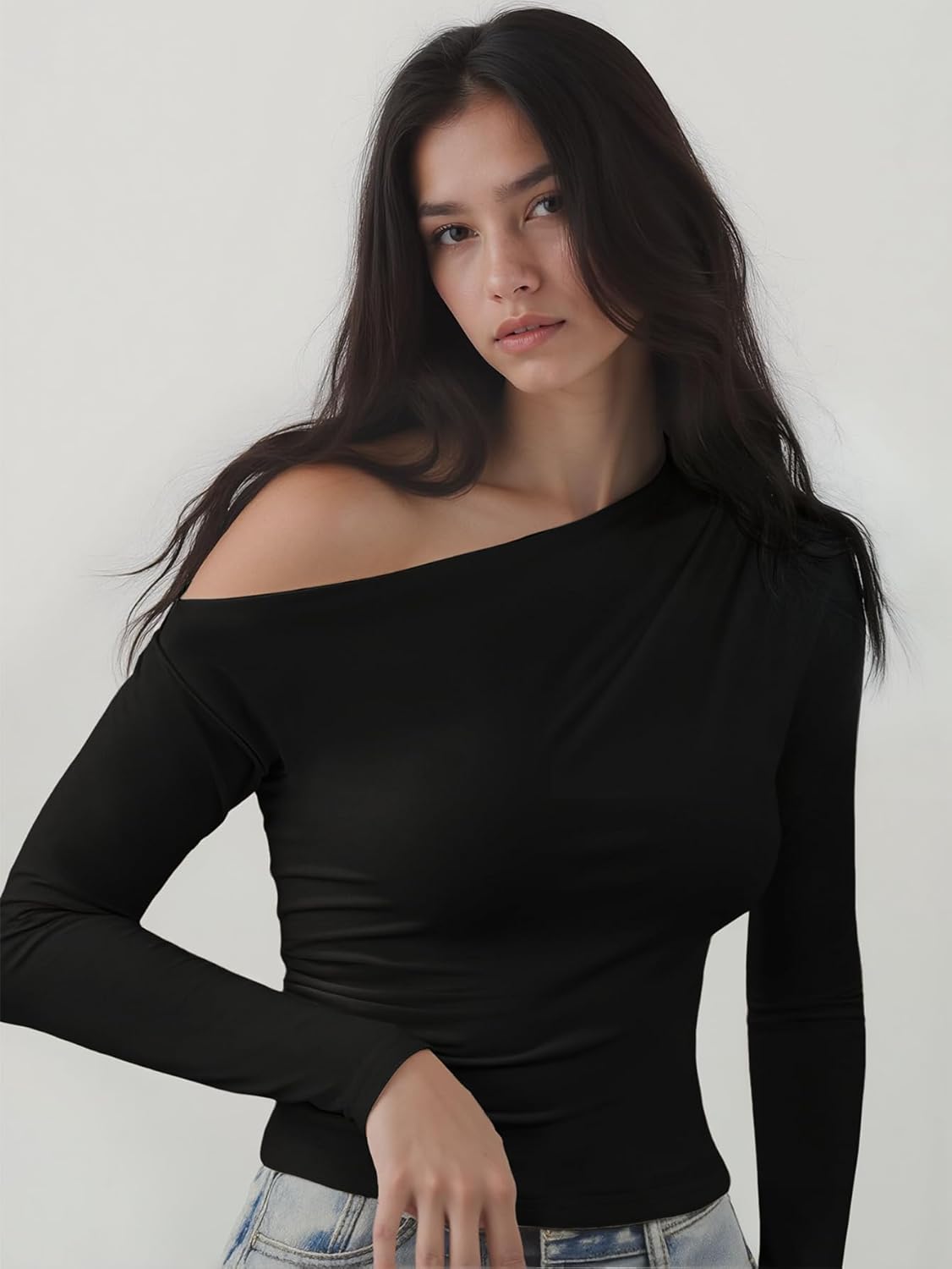 Womens Long Sleeve Shirts Off The Shoulder Going Out Tops Fall Trendy Cute Y2k Top Sexy Asymmetrical Blouses - Image 3