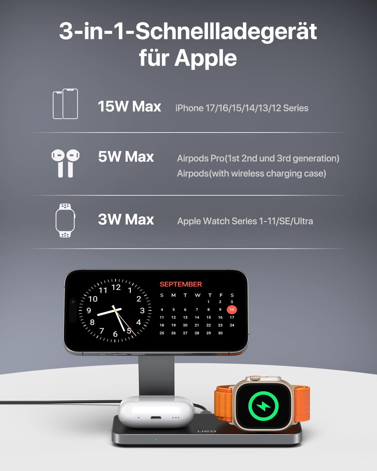 Induktive Ladestation Kompatibel mit Magsafe Ladegerät,QTlier 3 in 1 iPhone Ladestation für Air 17/16/15/14/13/12 Serie,20W Wireless Charger für Apple Watch 10/9/8/7/6/5/4/3 und AirPods (Tief Schwarz)