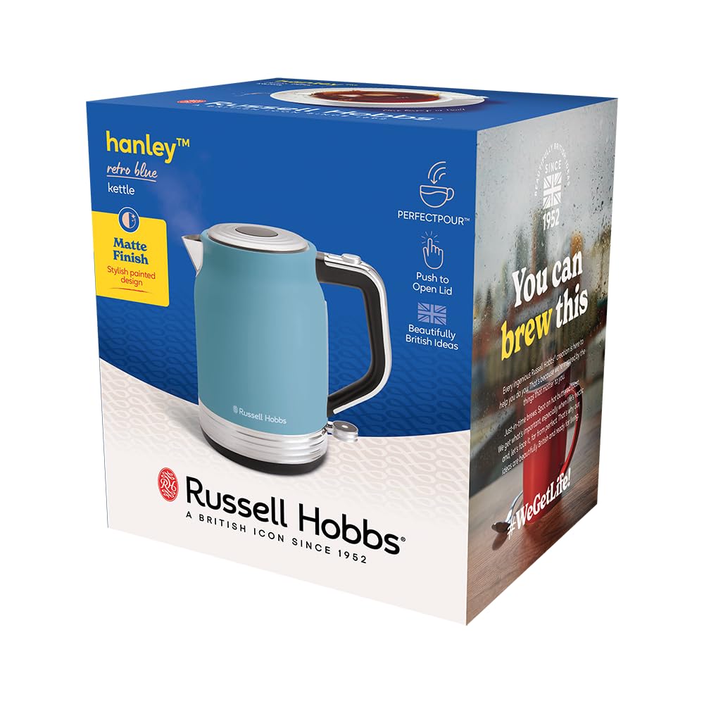 Russell Hobbs Bollitore Elettrico [1,7L, 2400W] Hanley Retro Blue (Acciaio inox, Design vintage, Beccuccio Perfect Pour, Base 360°, Avvolgicavo, Coperchio pulsante, Risparmio energetico) 28641-70