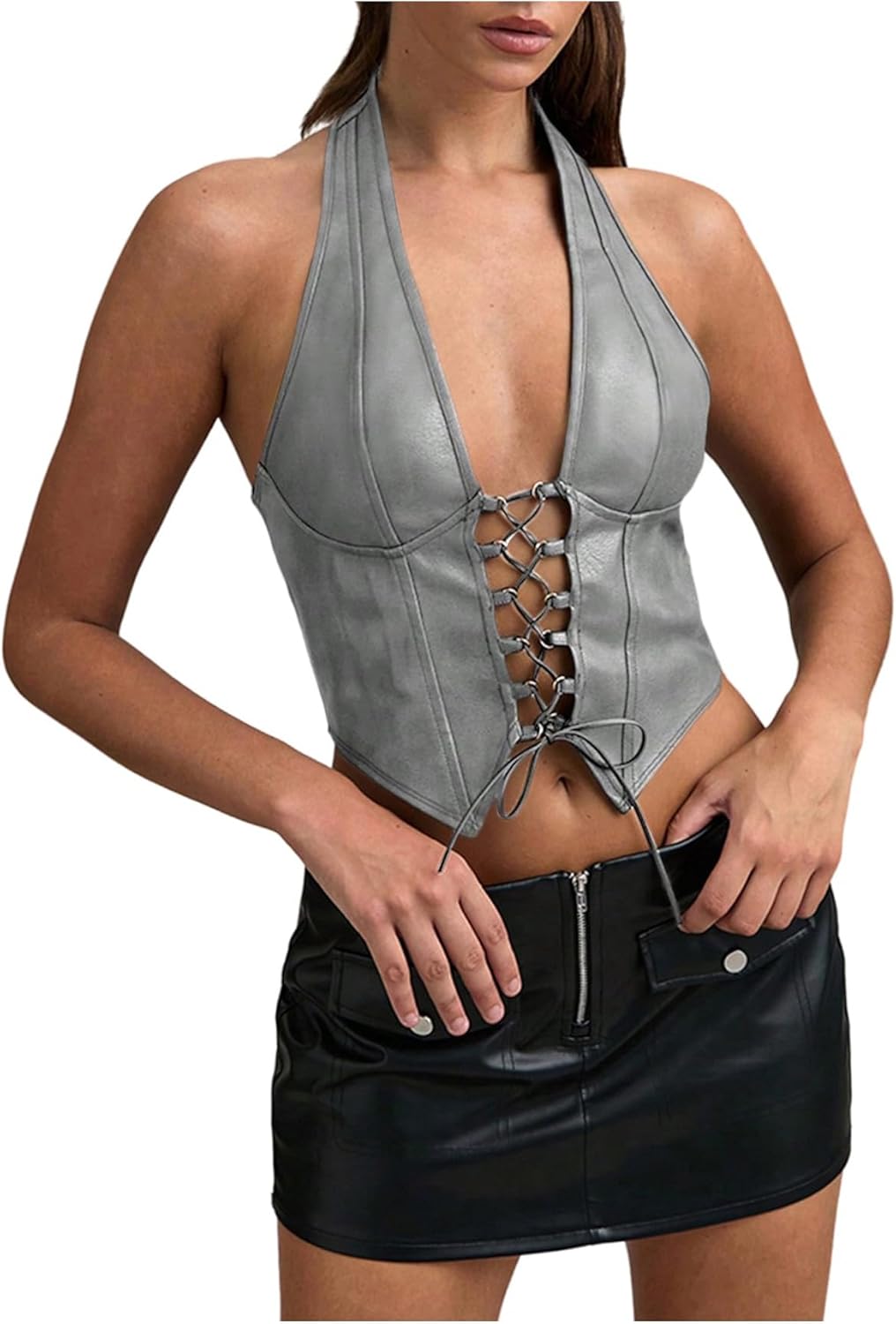 SOLY HUX Women's PU Leather Halter Top Lace Up Sleeveless Backless Y2k Crop Tank Tops