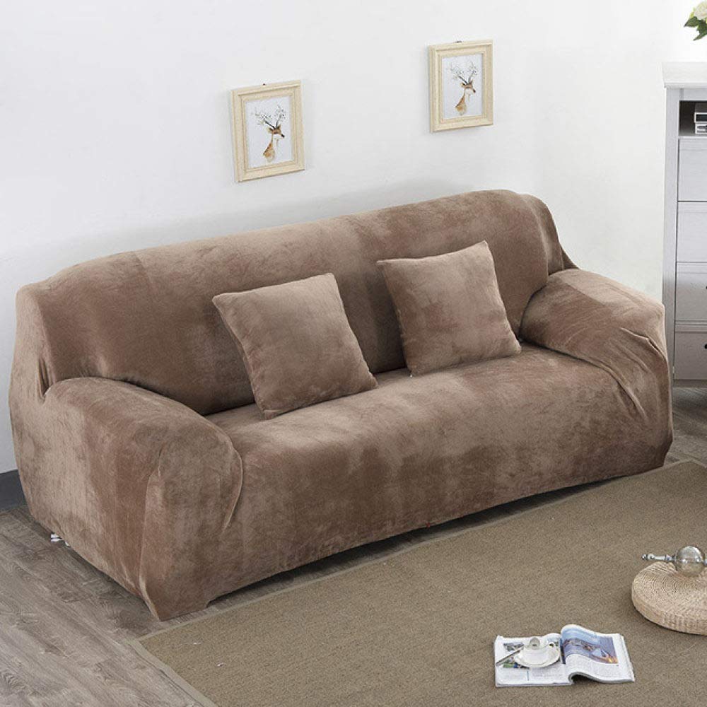 Housse de canapé extensible peluche chameau 4 places pour rénover et protéger un canapé usé 300 cm