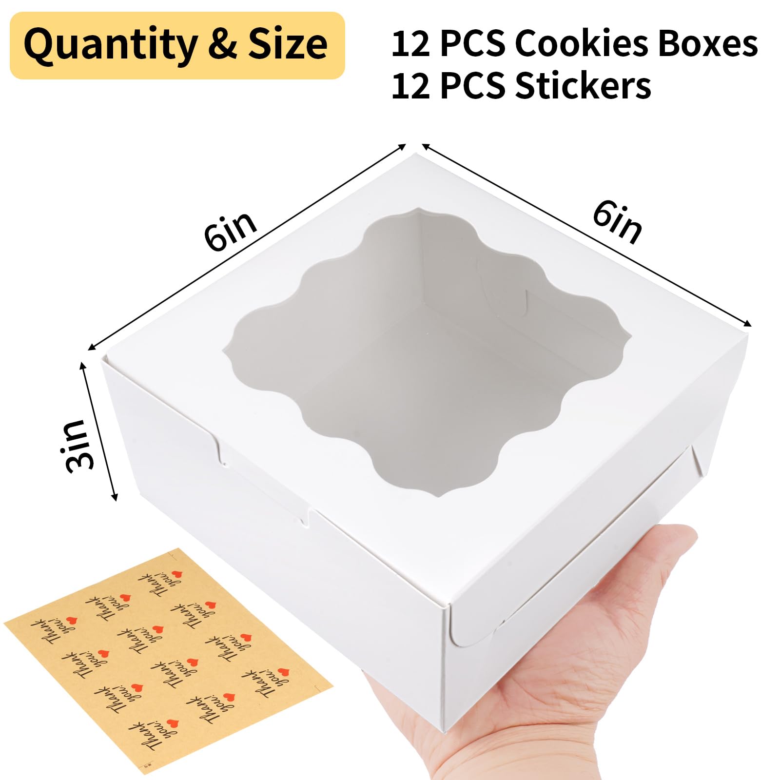WINKIO 12 Pieces Cookie Boxes with Window, 6×6×3 Inches Treat Boxes for Bakery Dessert Pastry Mini Cake Favor Donut Baked Goods (White, with Stickers)