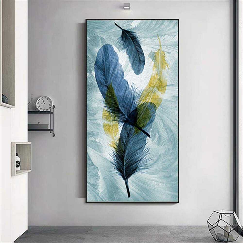 Diamond painting 5D plume bleu jaune en strass brillants pour salon chic