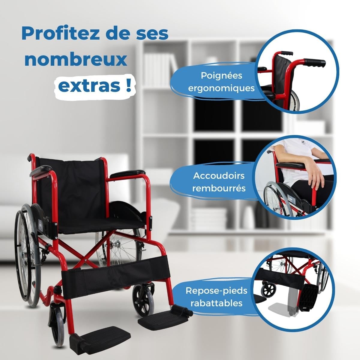 Mobiclinic®, Fauteuil roulant pliable, Auto-propulsé, Chaise roulante, Alcazaba, Assise 46 cm, Système de franchissement des bordures, Repose-pieds rabattables, Anti-crevaison, Frein sur les roues