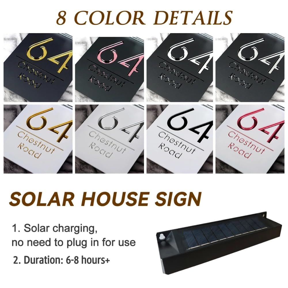 Personalisiertes Solar-Hausnummernschild, individuelles Solar-Adressschild für Hof, beleuchtetes Adressschild, Outdoor, wasserdicht (22 x 32 cm)