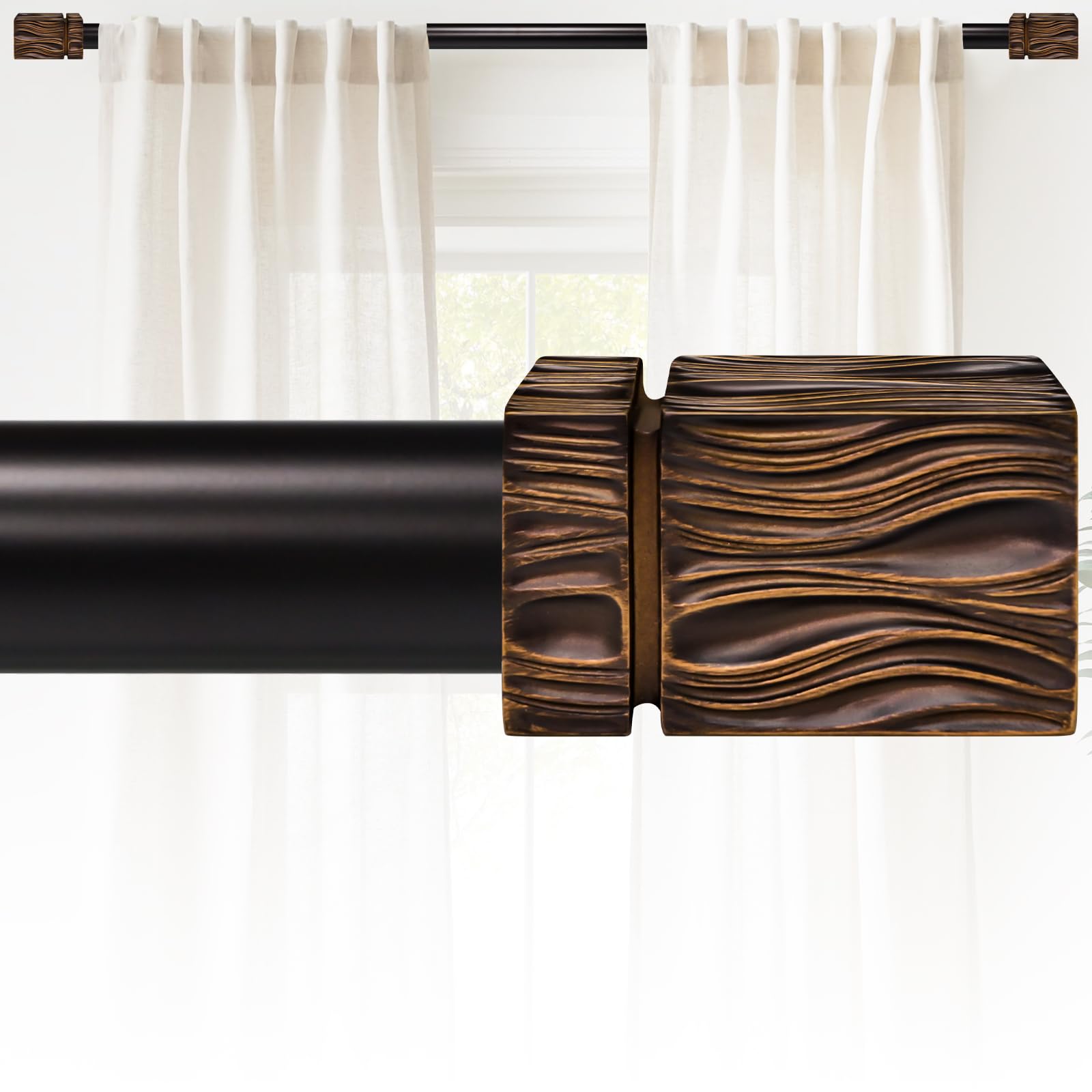 Curtain Rods for Windows 28 to 48 Inches: 1 Inch diameter heavy-Duty Adjustable Decorative Curtain Rod Square Striped Finials, For Bedrooms, Living
