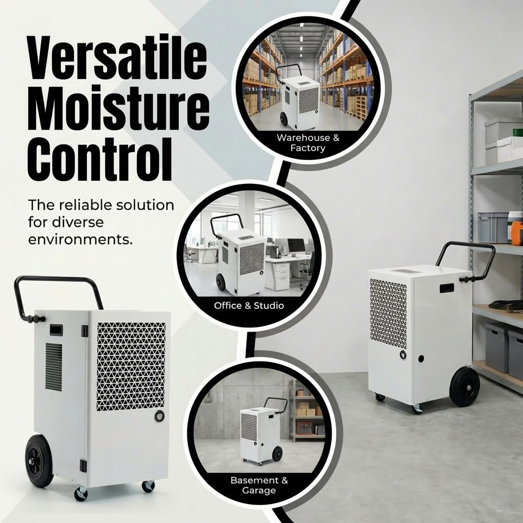 Deshumidificador Industrial Profesional 120L/Día : Deshumidificador Grandes Superficies 300m² con Depósito 7L Drenaje Continuo Pantalla Digital Ruedas para Garaje Sótano Baño