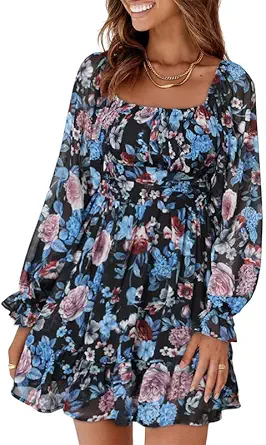 Dokotoo Womens Summer Dresses Square Neck Lantern Sleeve Tie Backless Ruffle A-Line Casual Dress