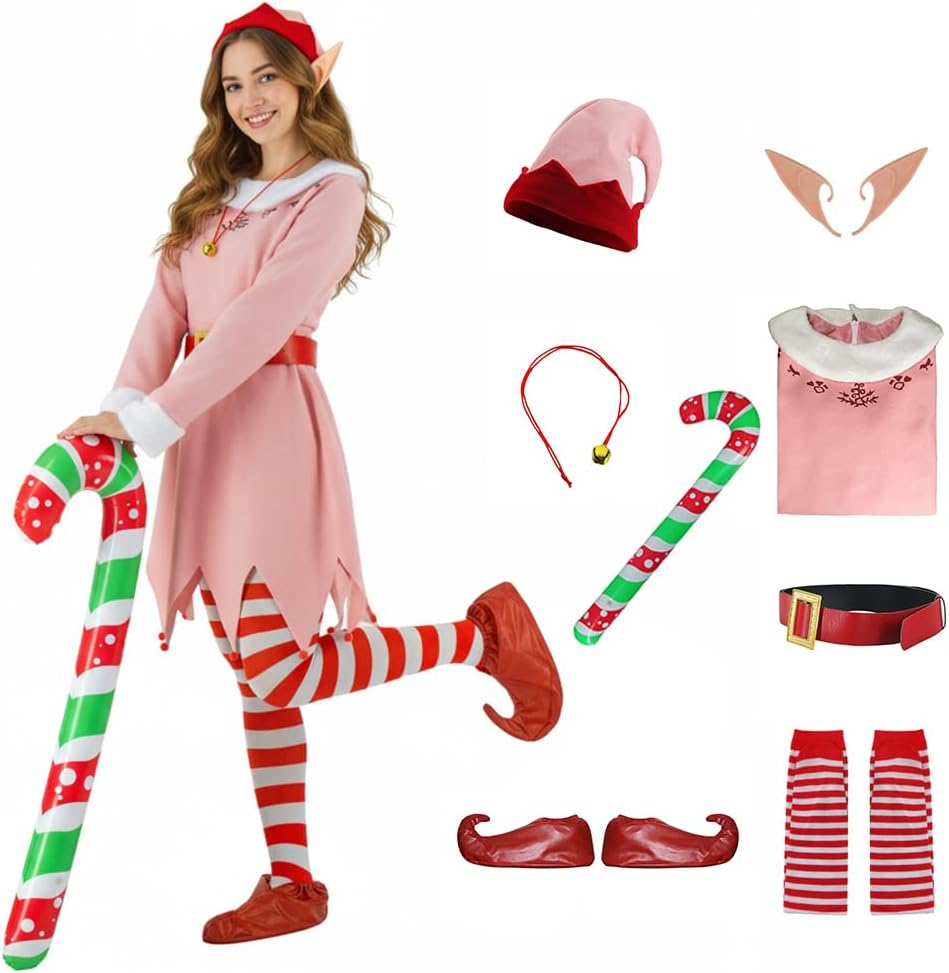 Christmas Elf Costume Adult 8 Pieces Velvet Santa's Helper Holiday Cosplay Outfit for Men Women