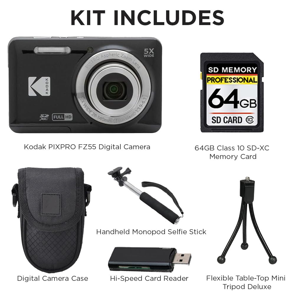 Kodak PIXPRO FZ55 Appareil photo numérique compact 16 MP, zoom optique 5x, objectif grand angle 28 mm, vidéo HD 1080p, carte SD 64 Go, étui, perche à selfie, mini trépied et lecteur de cartes USB Noir