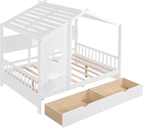 Miniatura 237 de Cama de casa de tamaño individual con 2 cajones, marco de cama de madera y barandilla de seguridad. Ahorra espacio, ideal para el dormitorio de un