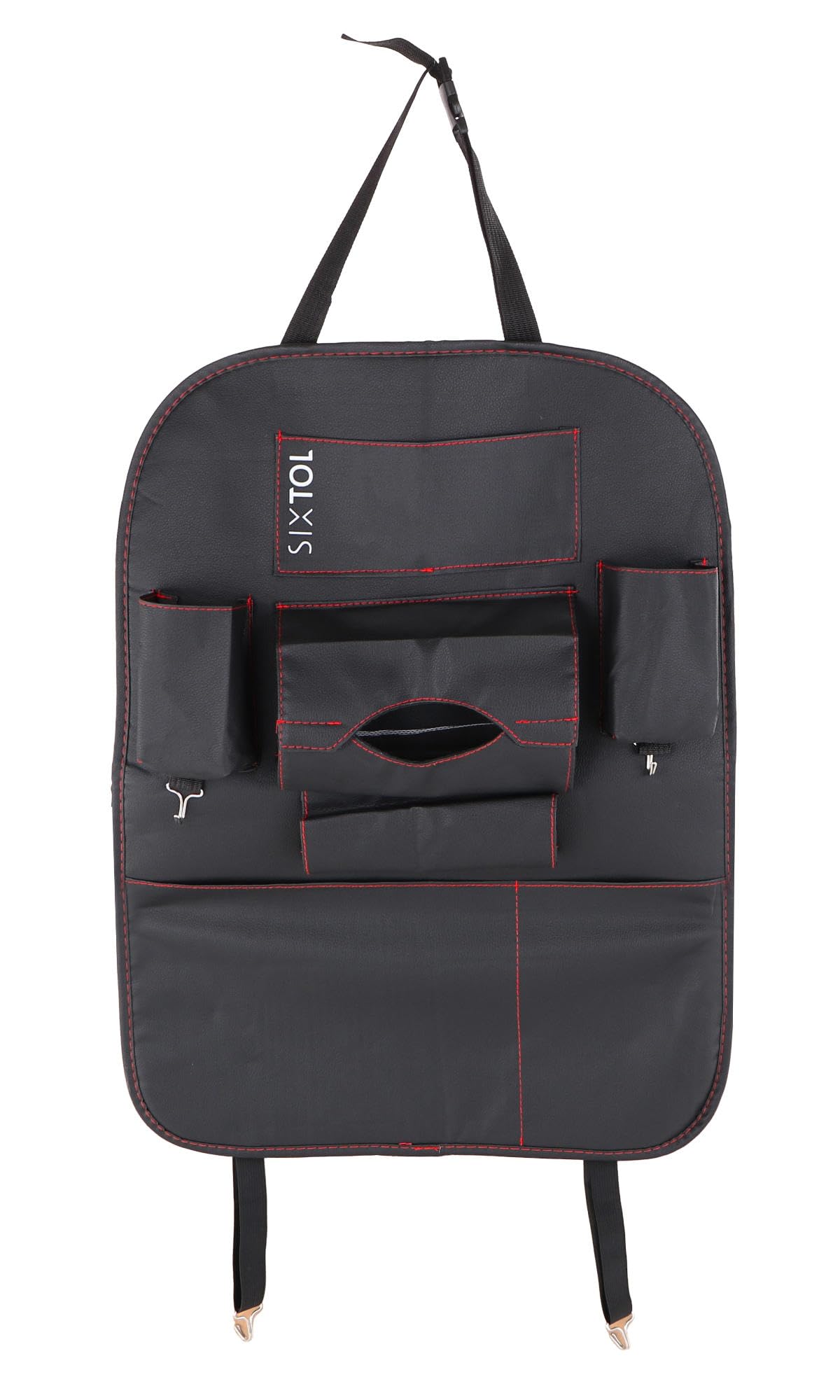 SIXTOL Car Compact Seat 2 Car Back Seat Organiser, Leather Look, 7 Pockets, Drink Holder, Bag Hook, Black