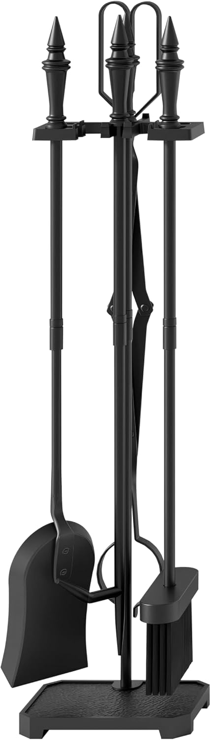 5-Piece Fireplace Tools Set - 29.5 in Cast Iron Black, Indoor & Outdoor Fireplace Accessories with Log Shovel, Brush, Tong, and Poker