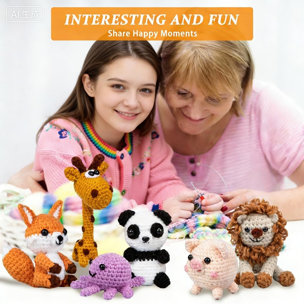 Crochet Animal Kit – 6 PCS Crochet Kit for Beginners, Knitting Kit with Step by Step Videos, Yarn, Crochet Hook, Knitting Kit for Beginners, Great Birthday Holiday Gift (Crochet 1)