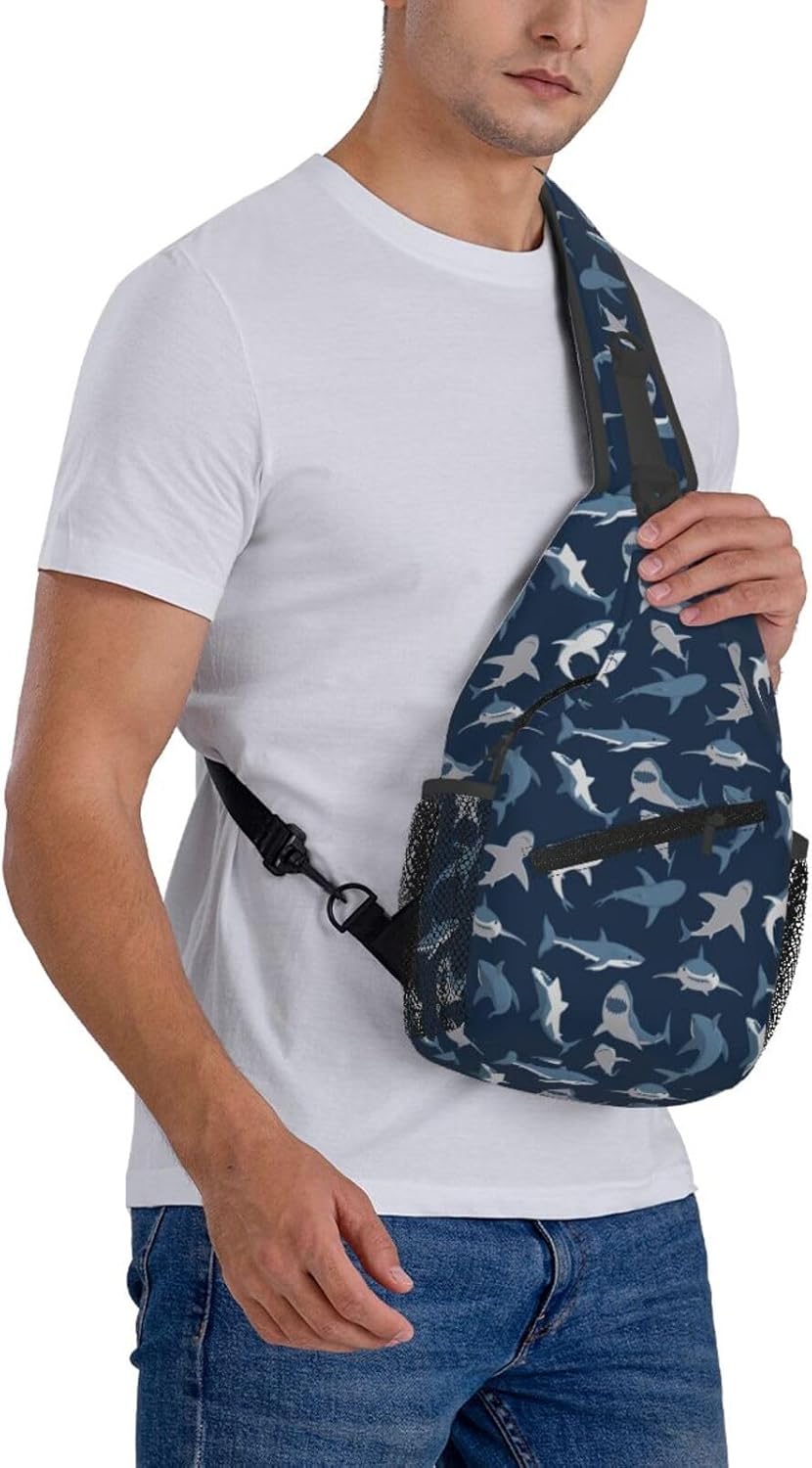 Shark Print Sling Bag for Women Men Abstract Shark Silhouettes Swimming Sea Fish Blue Crossbody Backpack Underwater Animal Print Sling Backpack Casual Shoulder Bag Travel Hiking Daypack - Image 7