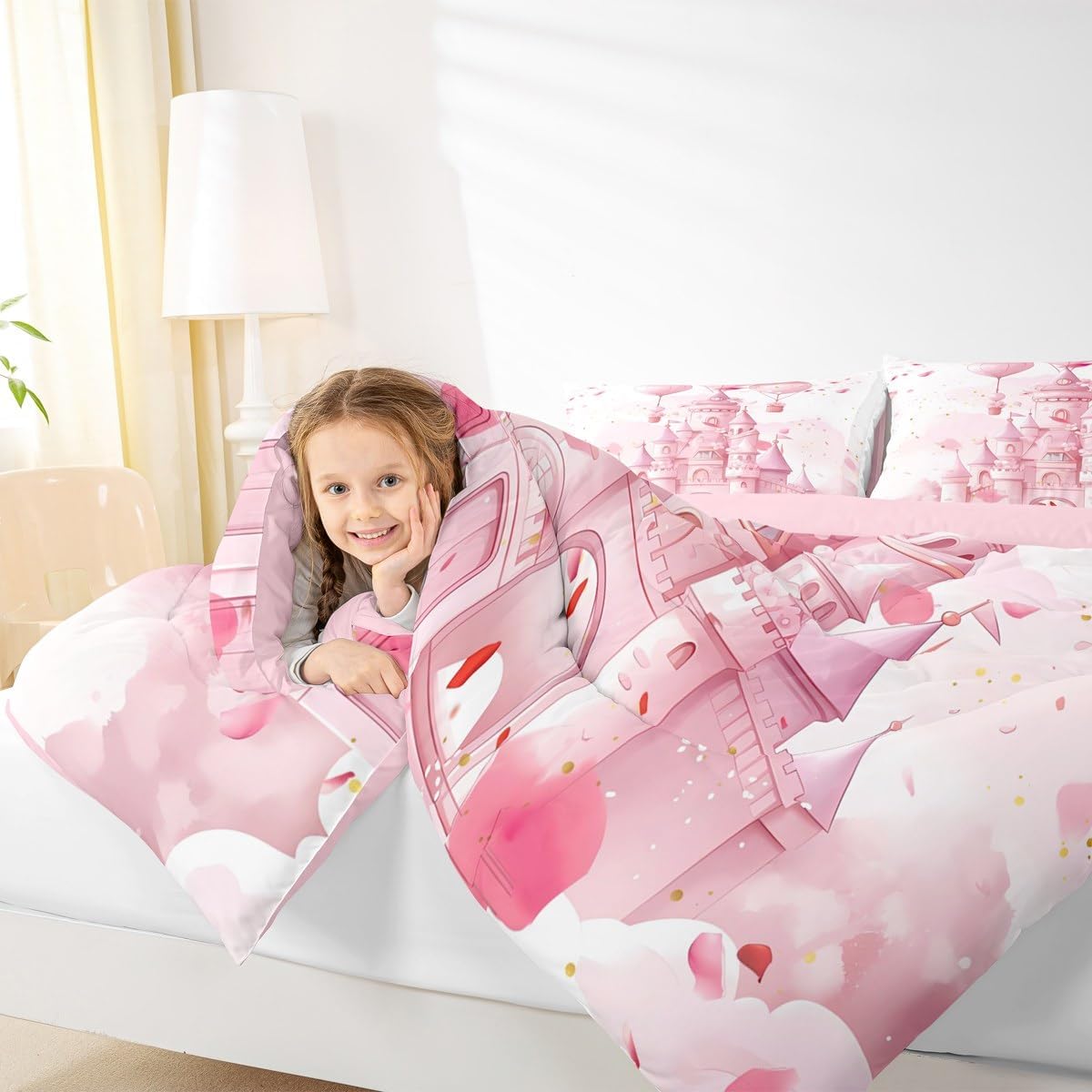 Feelyou Kids Pink Castle Comforter Set Full Size, Princess Bedding Set Boys Girls Fairy Tales Duvet Insert Teens Bedroom Decor 3Pcs