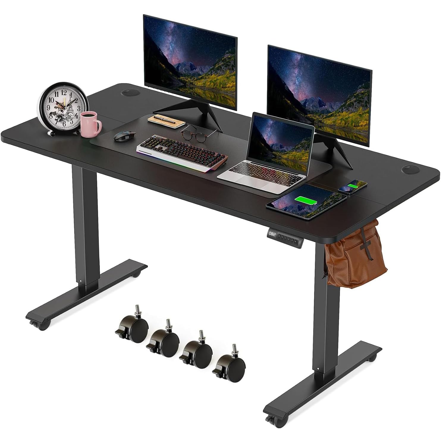 KORGOL Electric Standing Desk 55 x 24 Inches Adjustable Height Sit Stand Up Desk for Home Office Computer Workstation Memory Preset with Wheels, Black