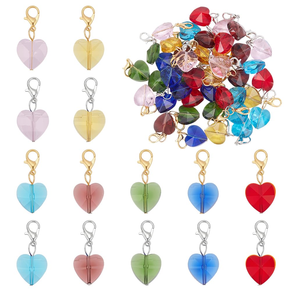 HOBBIESAY 56Pcs 14 Styles Heart Glass Charms Faceted Heart Pendants Valentine Charms Crystal Dangle Charm with Bail Hanger Love Pendant Charm for Valentines Necklace Bracelet Earring Jewelry Making
