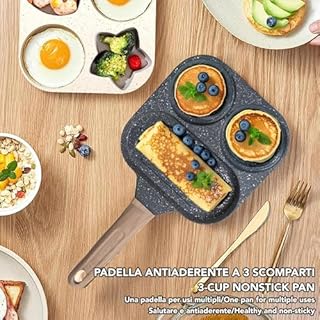 IPEA Padella Pancake Antiaderente per Induzione e Gas - 21 cm - Padella Anti Aderente in Alluminio Per Frittata, Crepes, Uova, Hamburger - Padella da Cucina con 3 Stampi - Manico Super Comfort