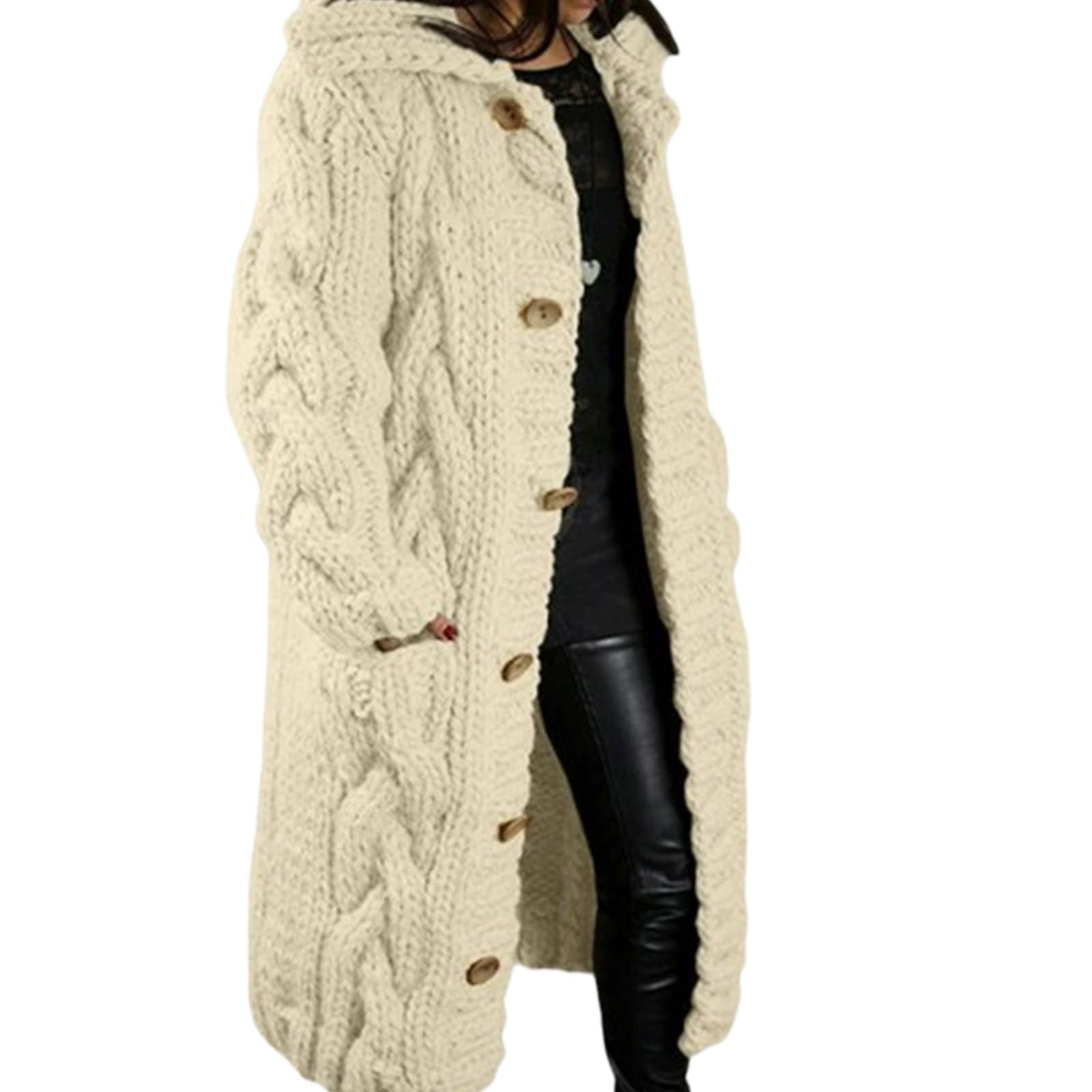 Womens Long Knit Cardigan Sweater Hooded Button-Down Oversized Coat with Pockets Casual Fall Winter Outerwear