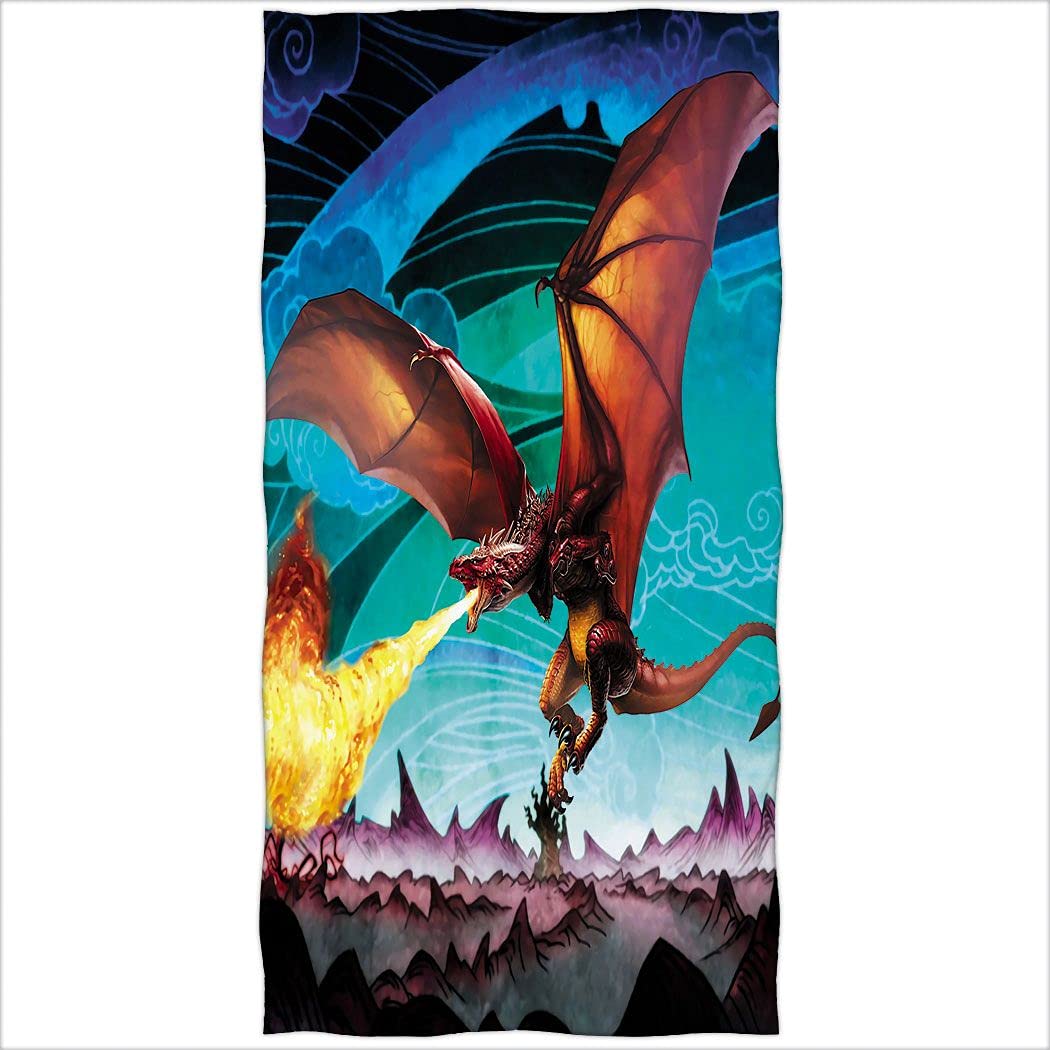 Zomer Bath Towel Microfibre Beach Towel Printed with Fire Dragon Green 70 x 140 cm